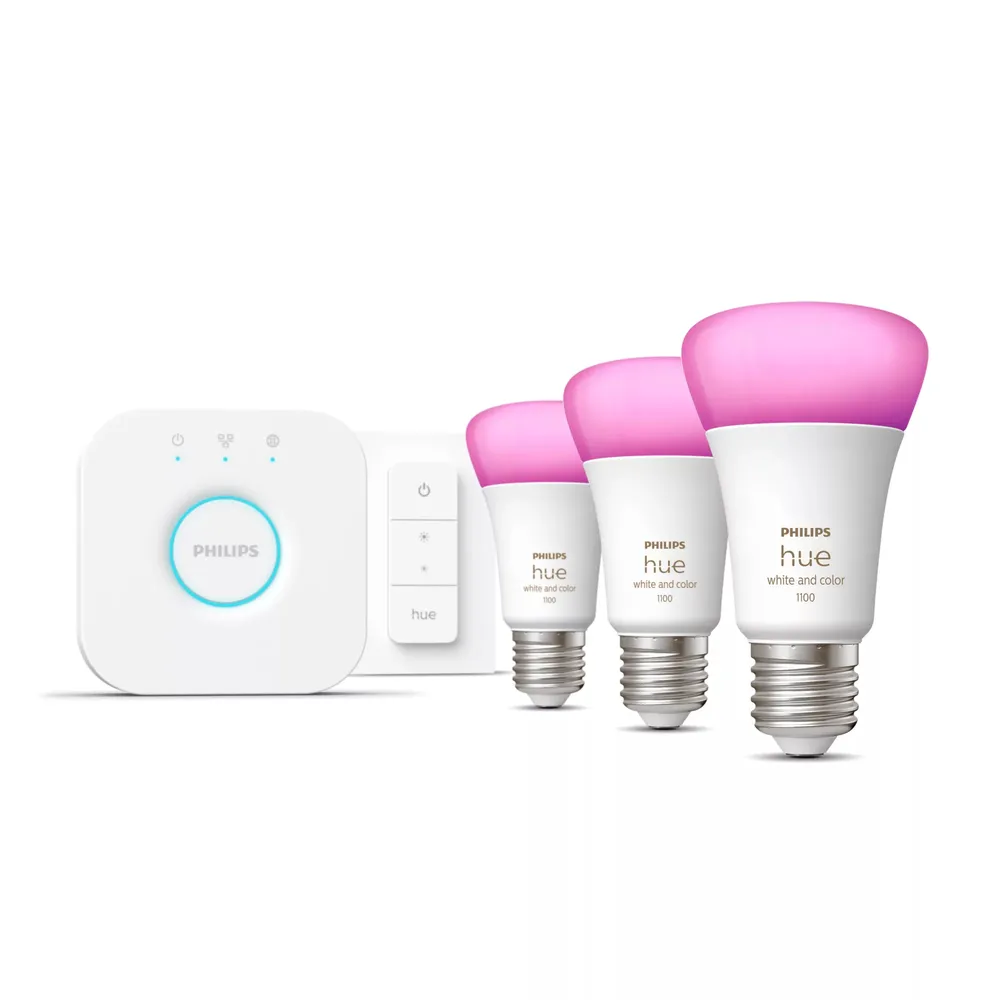 Philips Hue White & Color Starterset E27 mit 3 Lampen, Dimmer + Bridge