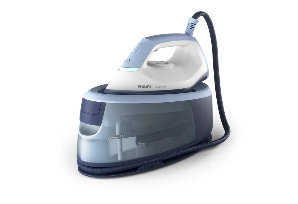 Philips Dampfbügelstation PerfectCare 3000 Series PSG3000/20, hellblau/dunkelblau/weiß, 1400 ml Wassertank, 2.400 Watt, Vertikaldampf, Keramik-Bügelsohle, 350gr Dampfstoß