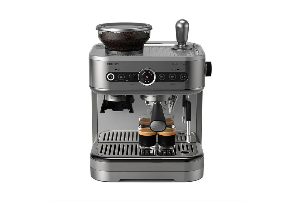 Philips Espressomaschine PSA3218/01 Barista Brew, halbautomatisch, mit 250-g-Bohnenbehälter, Korbfilter, Siebträger und Milchkanne aus Edelstahl, Silber