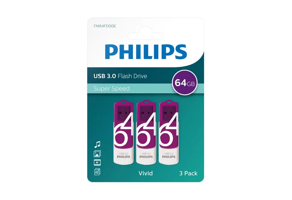 Philips FM64FD00E/00 USB-Stick (USB 3.0, Lesegeschwindigkeit 100,00 MB/s, Vivid Edition, 64 GB, USB 3.0, LED, Schutzkappe, 3er Pack)