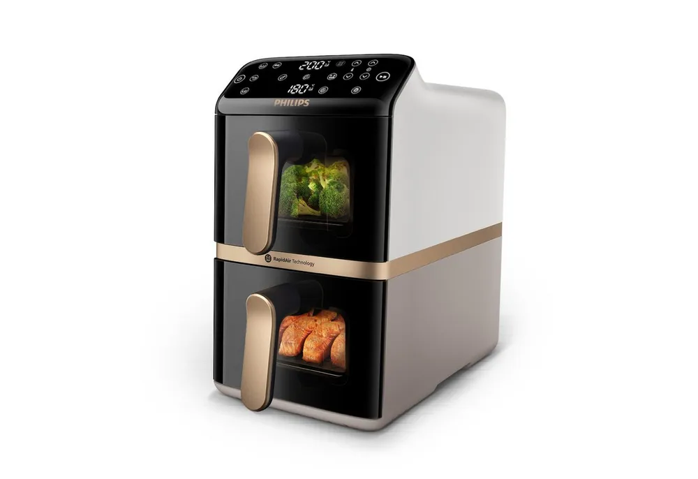 Philips Heißluftfritteuse NA462/80 4000 Series Stacked Dual Basket und 10L Kapazität (5+5L), 2750 W, RapidAir Technologie, Schwarz/Dunkelgrau, kupfer Griff