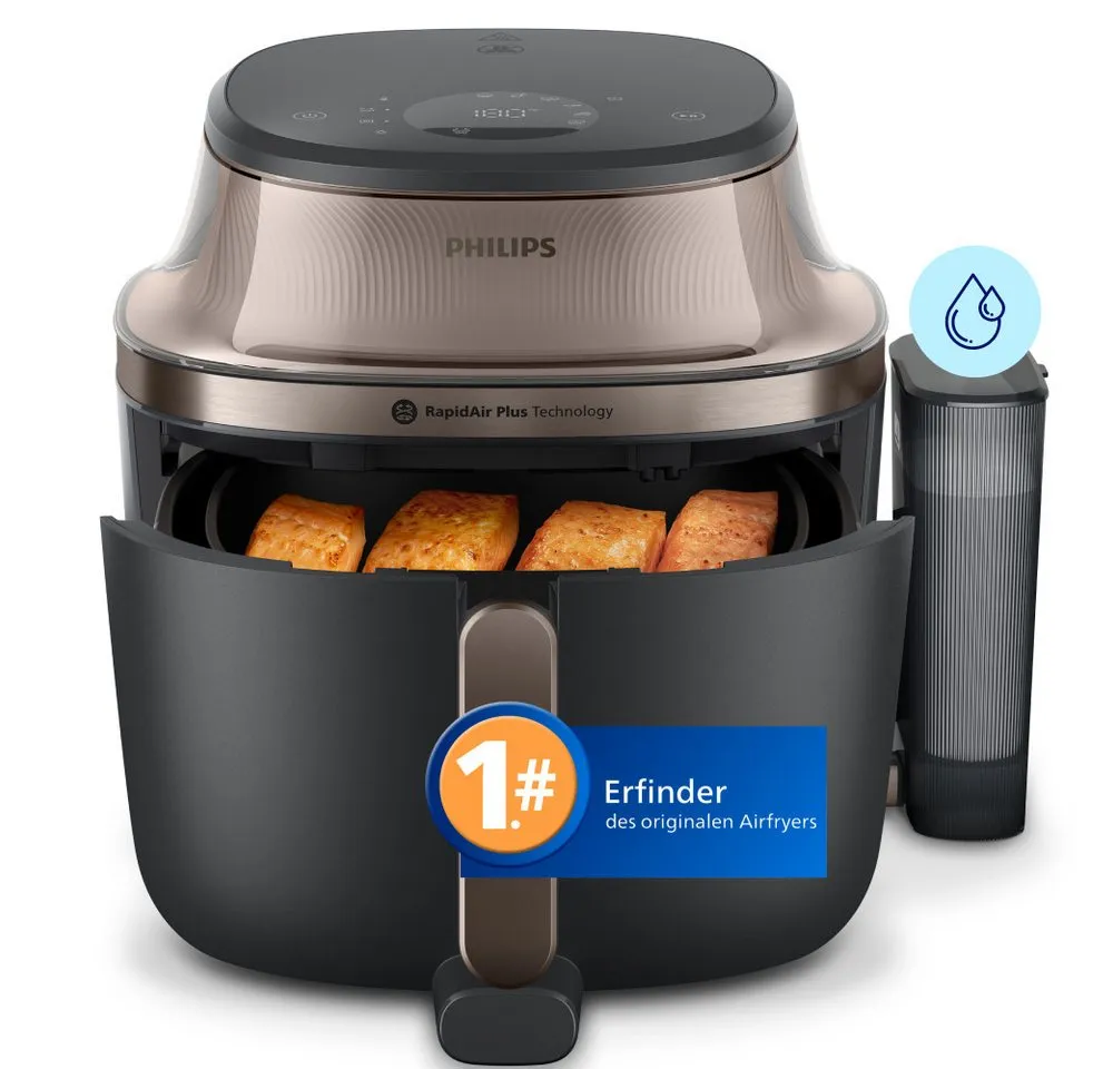 Philips Heißluftfritteuse NA547/07 Steam Airfryer 5000 Series mit EasySlide, 7,2L Kapazität, 2000 W, mit Dampfgarfunktion u. RapidAir Plus Technologie, Schwarz/Gold