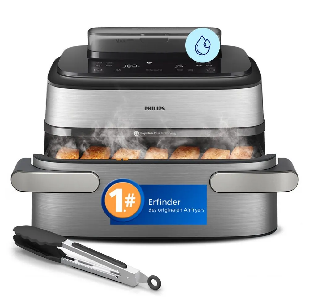 Philips Heißluftfritteuse NA565/02 Steam Airfryer 5000 Series Megabasket, 9,5L Kapazität, 2750 W, mit Dampfgarfunktion u. RapidAir Plus Technologie, inkl. Servierzange
