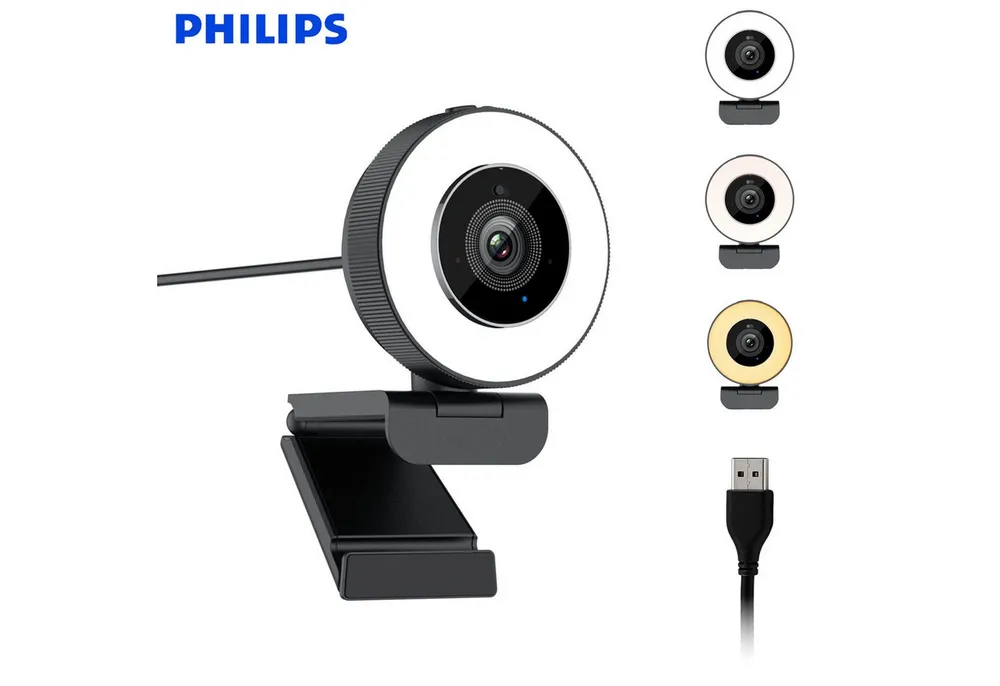 Philips SPL6408BT Webcam mit Ringlicht,2K/USB/30FPS/4MP/Autofokus/Plug & Play Webcam (2K, USB, Autofokus / 3 Beleuchtungsmodi/360° Panorama Drehung)