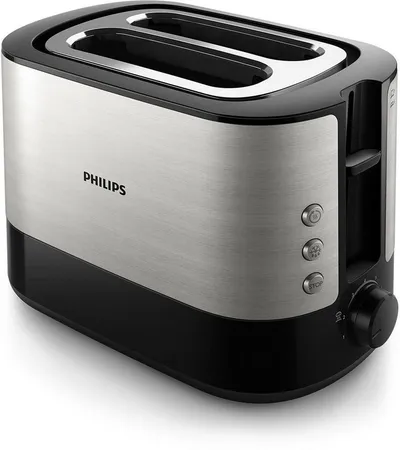 Philips Toaster HD2637/90 Viva Collection, 2 kurze Schlitze, für 2 Scheiben, 950 W, Brötchenaufsatz, Krümelschublade, 7 Bräunungsstufen, Silber