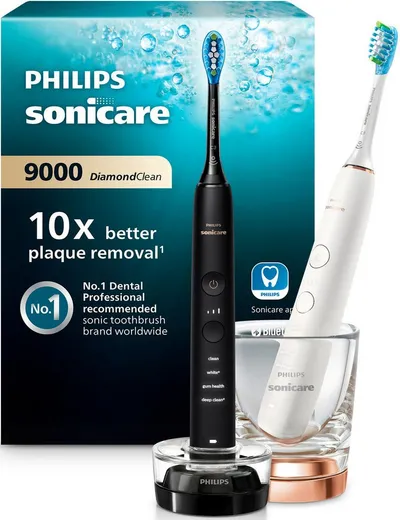 Philips Sonicare Elektrische Zahnbürste DiamondClean 9000 HX9914, Aufsteckbürsten: 2 St., DiamondClean Premium Schallzahnbürste, Doppelpack inkl. Ladeglas