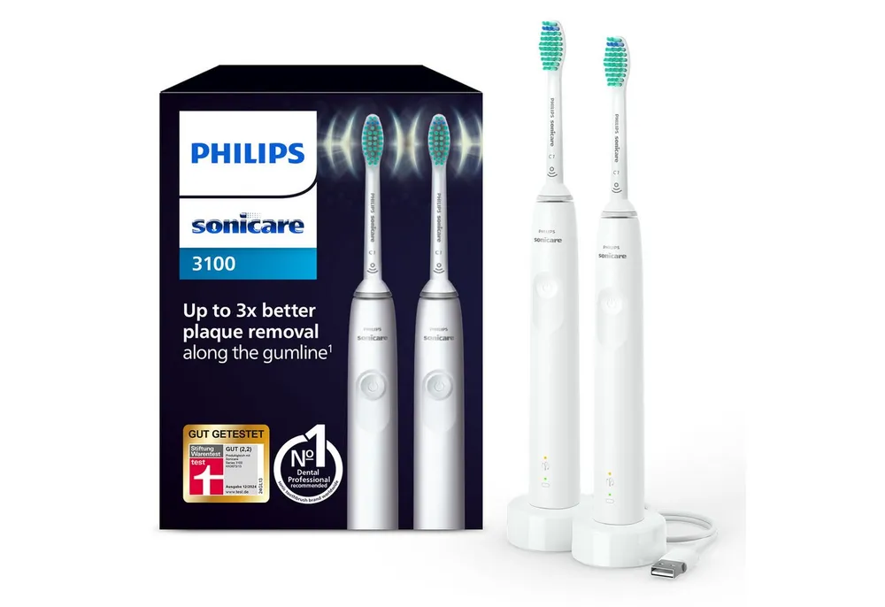 Philips Sonicare Elektrische Zahnbürste Series 3100 HX3675/13, Aufsteckbürsten: 2 St., Doppelpack, mit 4-Quadranten-Timer und 2-Minuten-Timer