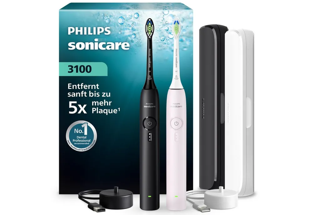 Philips Sonicare Elektrische Zahnbürste Series 3100, Aufsteckbürsten: 2 St., mit Drucksensor, 3 Intensitätsstufen, inkl. Reiseetui und Ladegerät