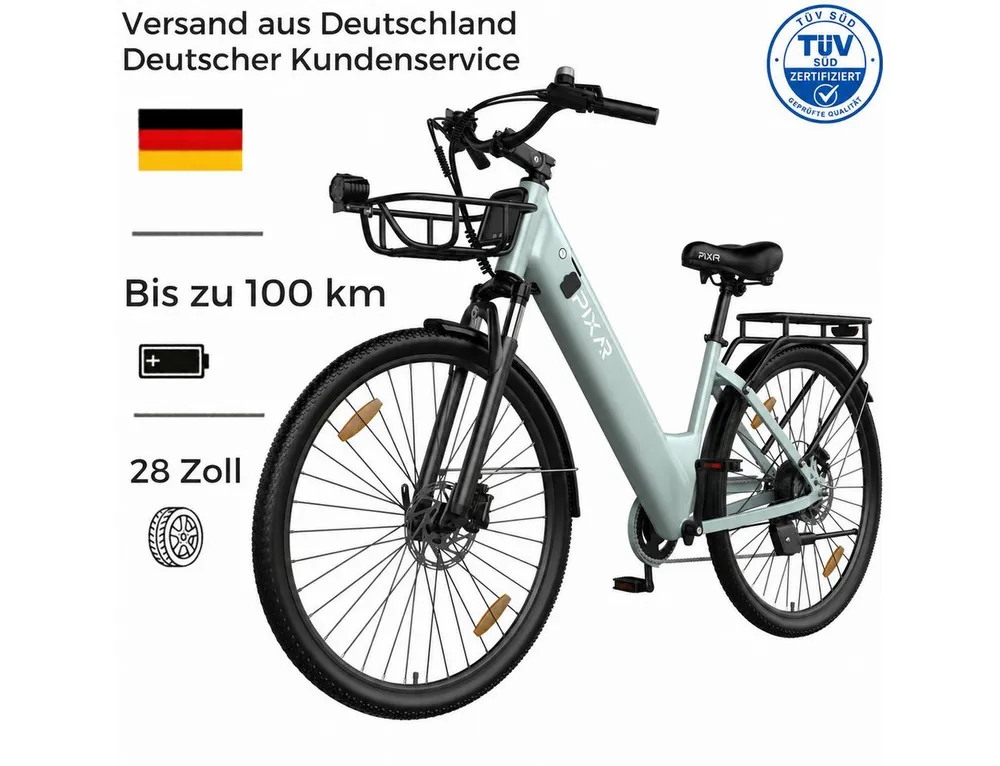 PIXAR E-Bike Cityrad Pedelec 28 Zoll 36V 18Ah bis 100 km Shimano 7 Gang, 7 Gang, Heckmotor, 648 Wh, Bürstenloser Motor, Bürstenloser Motor