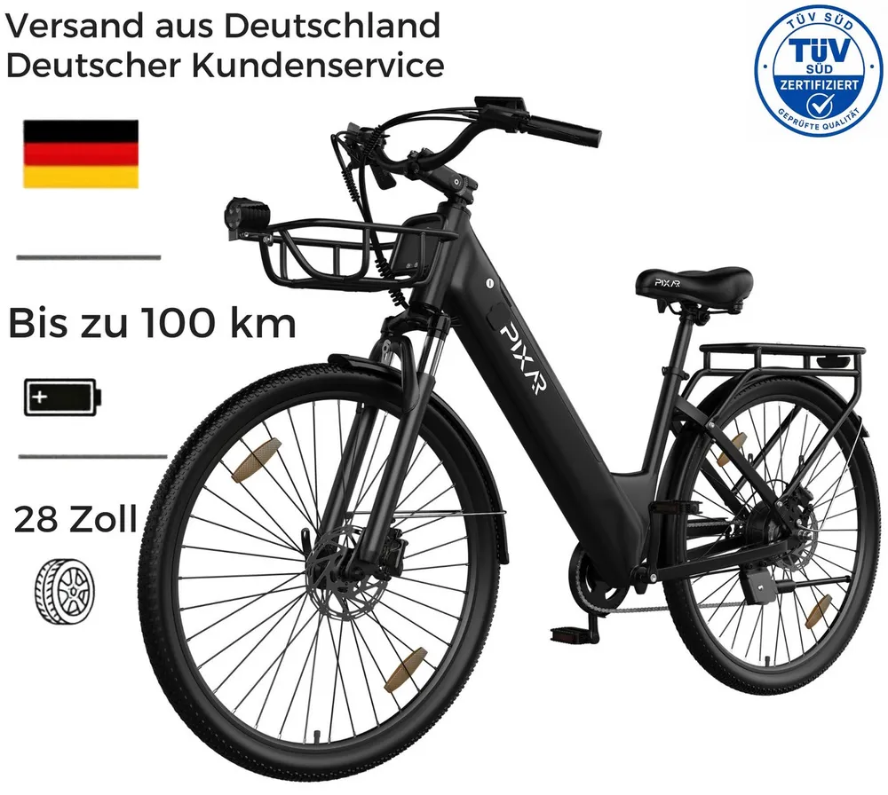 PIXAR E-Bike Cityrad Pedelec 28 Zoll 36V 18Ah bis 100 km Shimano 7 Gang, 7 Gang, Heckmotor, 648 Wh, Bürstenloser Motor, Bürstenloser Motor