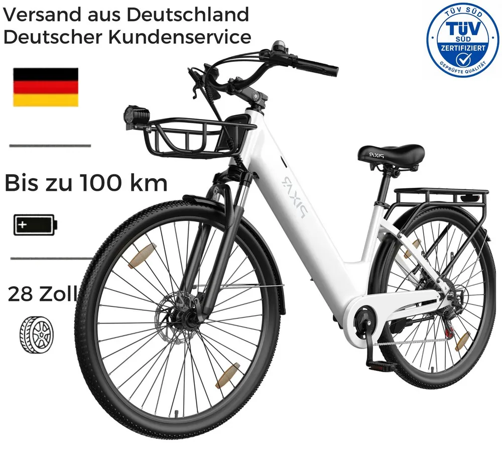 PIXAR E-Bike Cityrad Pedelec 28 Zoll 36V 18Ah bis 100 km Shimano 7 Gang, 7 Gang, Heckmotor, 648 Wh, Bürstenloser Motor, Bürstenloser Motor