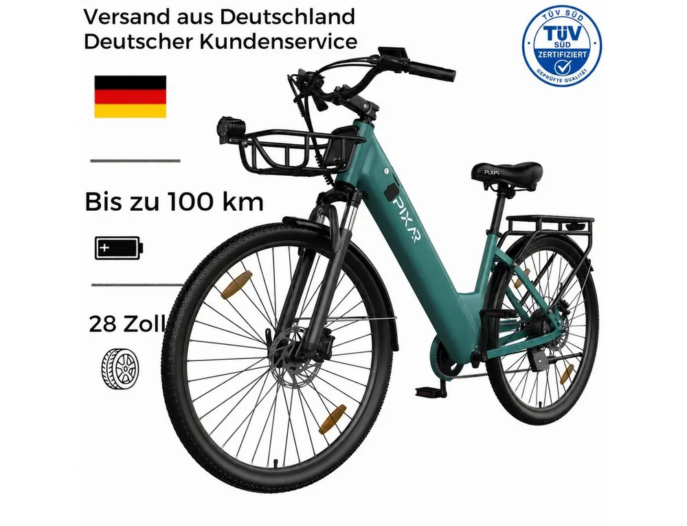 PIXAR E-Bike Cityrad Pedelec 28 Zoll 36V 18Ah bis 100 km Shimano 7 Gang, 7 Gang, Heckmotor, 648 Wh, Bürstenloser Motor, Bürstenloser Motor