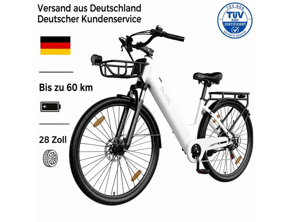 PIXAR E-Bike Pedelec 28 Zoll Citybike 36V 13Ah Akku 250W Motor bis 25 kmh Shimano, 7 Gang, Heckmotor, 468 Wh