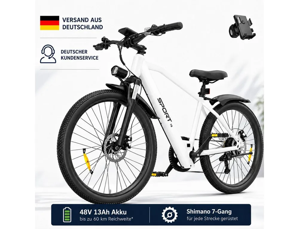 PixelPilot E-Bike Cityrad 26 Zoll Elektrofahrrad 48V 13Ah Akku, Shimano 7-Gang, Abnehmbarer Korb, 7 Gang, Nabenmotor, 624 Wh, (Packung)