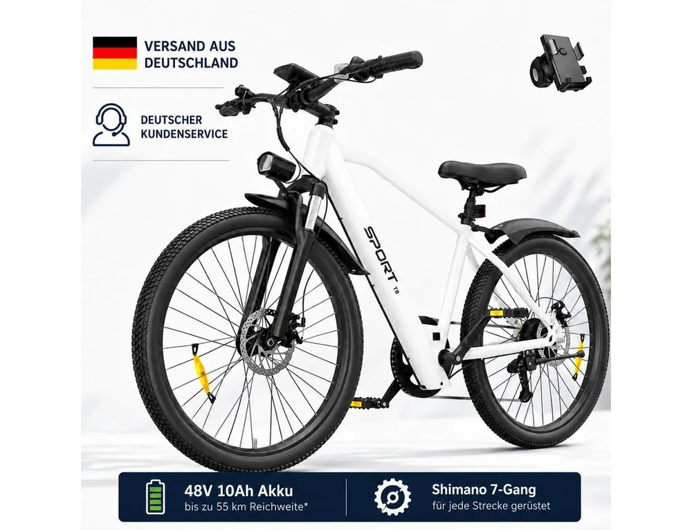 PixelPilot E-Bike Cityrad 26 Zoll Elektrofahrrad 48V 10Ah Akku, Shimano 7-Gang, Abnehmbarer Korb, 7 Gang, Nabenmotor, 468 Wh, (Packung)