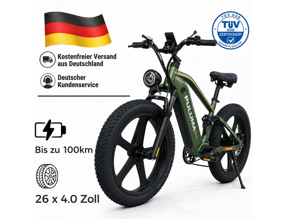 PixelPilot E-Bike Mountainbike 52V 20Ah Fatbike 26 Zoll, Shimano 7-Gang, hydraulisch, Stadt & Gelände, 7 Gang, Heckmotor, 1040 Wh, (Packung)