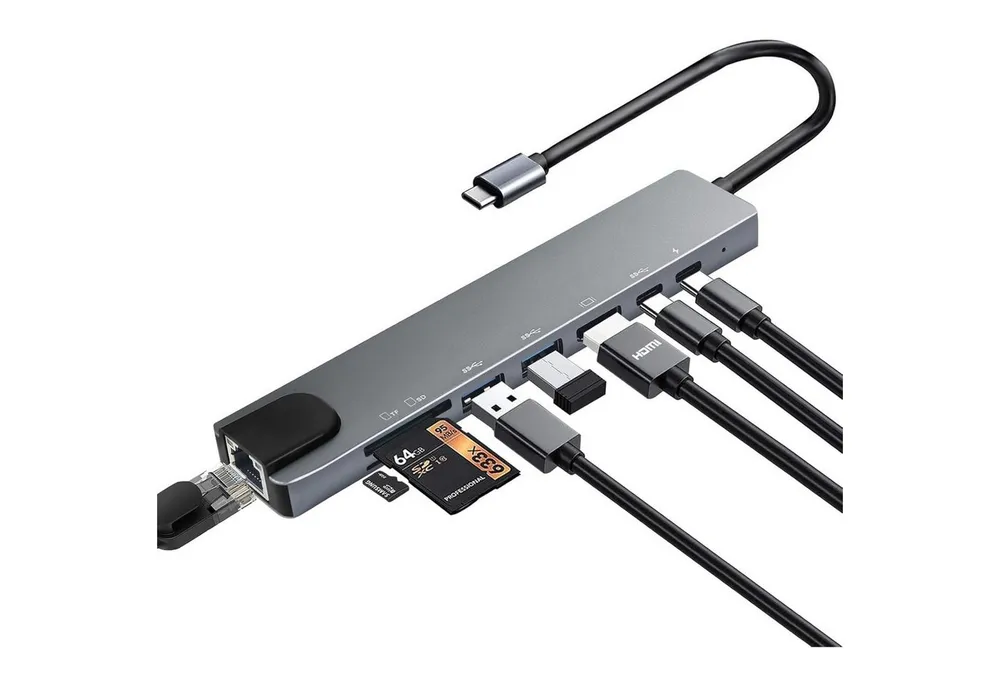 PlugUp Laptop-Dockingstation USB-C Multiport 8 in 1 Adapter 4K HDMI LAN USB 3.1 USB-C microSD & SD, Universell kompatibel mit macOS, Windows und Linux