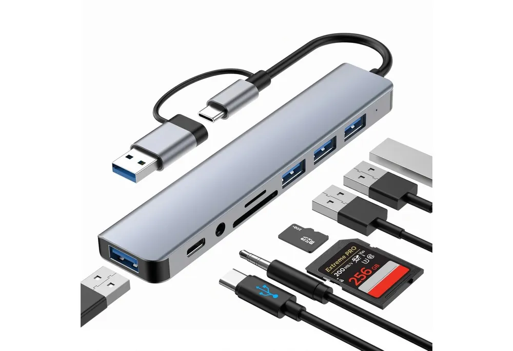 PlugUp Laptop-Dockingstation USB-C Multiport 8 in 1 Adapter USB-C USB 3.1 microSD & SD-Slot AUX, Universell kompatibel mit macOS, Windows, Linux
