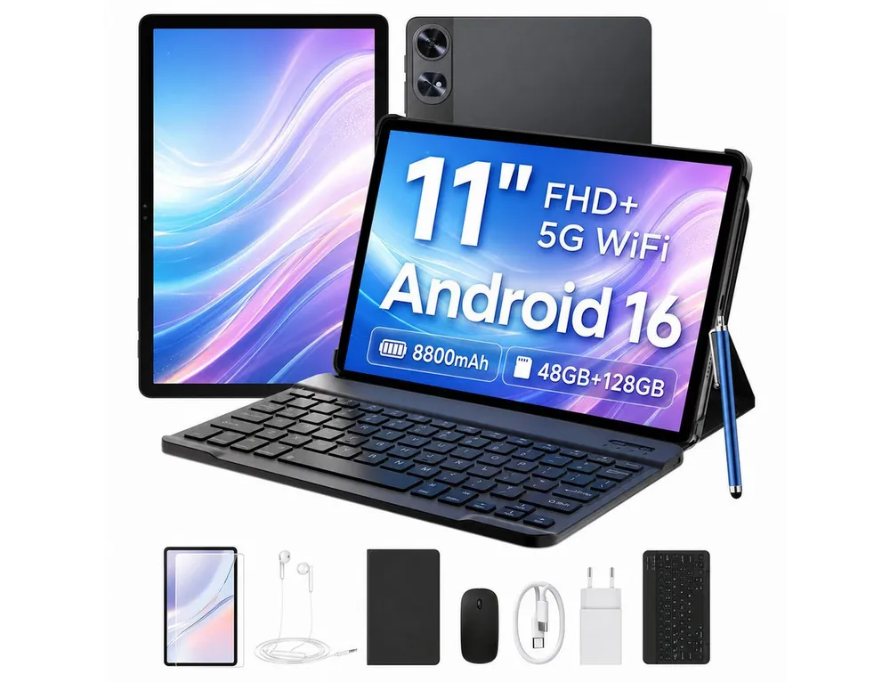 POCKAM 2026 P11 Pro Android 16 Tablet mit Tastatur 11" 2.4K FHD+ 8800mAh 18W Tablet (11", 128 GB, Android 16, WIFI, mit Tastatur, Stift & Maus, Gemini AI, Widevine L1, Face ID, GPS, OTG)