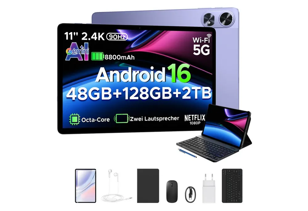 POCKAM 2026 P11 Pro Android 16 Tablet mit Tastatur 11" 2.4K FHD+ 8800mAh 18W Tablet (11", 128 GB, Android 16, WIFI, mit Tastatur, Stift & Maus, Gemini AI, Widevine L1, Face ID, GPS, OTG)