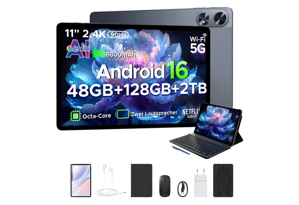 POCKAM 2026 P11 Pro Android 16 Tablet mit Tastatur 11" 2.4K FHD+ 8800mAh 18W Tablet (11", 128 GB, Android 16, WIFI, mit Tastatur, Stift & Maus, Gemini AI, Widevine L1, Face ID, GPS, OTG)