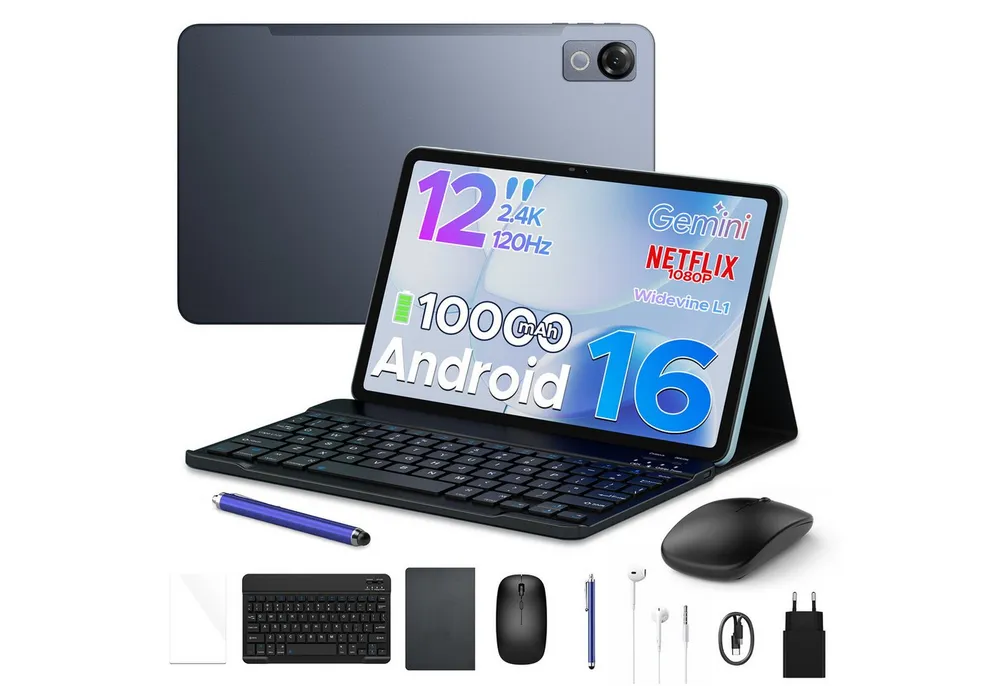 POCKAM 2026 Pockam P12 Android 16 Tablet mit Tastatur 12 Zoll 10000 mAh Tablet (12", 8 GB, Android 16, Octa-Core, 8GB+128GB/2TB, 13MP+8MP, Gemini AI, Face ID, Widevine L1)