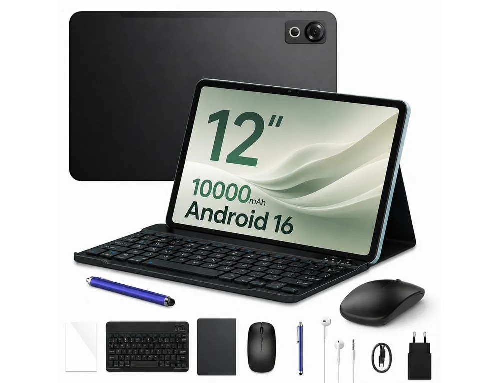 POCKAM 2026 Pockam P12 Android 16 Tablet mit Tastatur 12 Zoll 10000 mAh Tablet (12", 8 GB, Android 16, Octa-Core, 8GB+128GB/2TB, 13MP+8MP, Gemini AI, Face ID, Widevine L1)