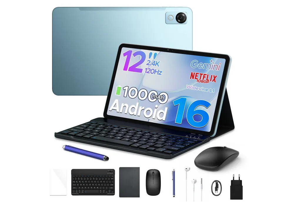 POCKAM 2026 Pockam P12 Android 16 Tablet mit Tastatur 12 Zoll 10000 mAh Tablet (12", 8 GB, Android 16, Octa-Core, 8GB+128GB/2TB, 13MP+8MP, Gemini AI, Face ID, Widevine L1)