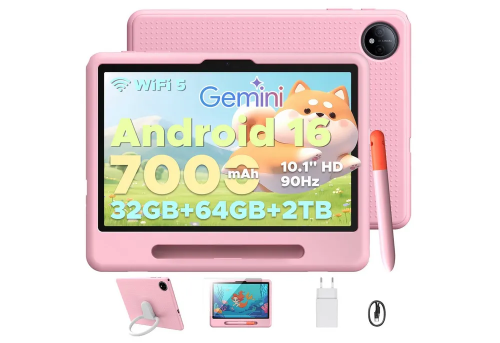 POCKAM Kinder Lern-Tablet mit Elternkontrolle 10'' Android 16, 64GB ROM kids Tablet (10.1", 64 GB, Android 16, WiFi, Mit Gemini AI, Stylus, Silikonhülle, 7000mAh Akku & 5G WiF)