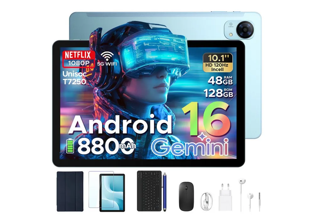 POCKAM Kinder Lern-Tablet mit Elternkontrolle 10'' Android 16, 64GB ROM kids Tablet (10.1", 64 GB, Android 16, WiFi, 8GB, 13 MP,Gemini AI,5G WiFi/Widevine L1/GPS/Face ID/zwei Lautsprecher)