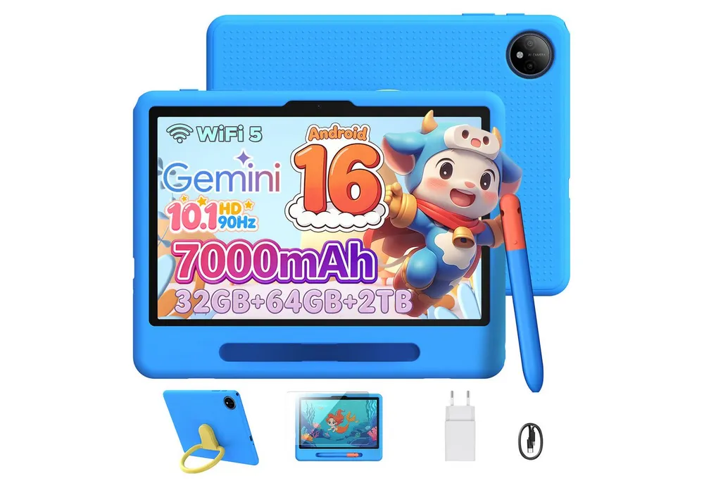 POCKAM Kinder Lern-Tablet mit Elternkontrolle 10'' Android 16, 64GB ROM kids Tablet (10.1", 64 GB, Android 16, WiFi, Mit Gemini AI, Stylus, Silikonhülle, 7000mAh Akku & 5G WiF)