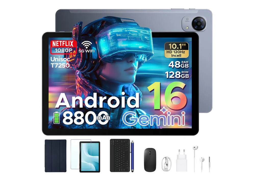 POCKAM Kinder Lern-Tablet mit Elternkontrolle 10'' Android 16, 64GB ROM kids Tablet (10.1", 64 GB, Android 16, WiFi, 8GB, 13 MP,Gemini AI,5G WiFi/Widevine L1/GPS/Face ID/zwei Lautsprecher)