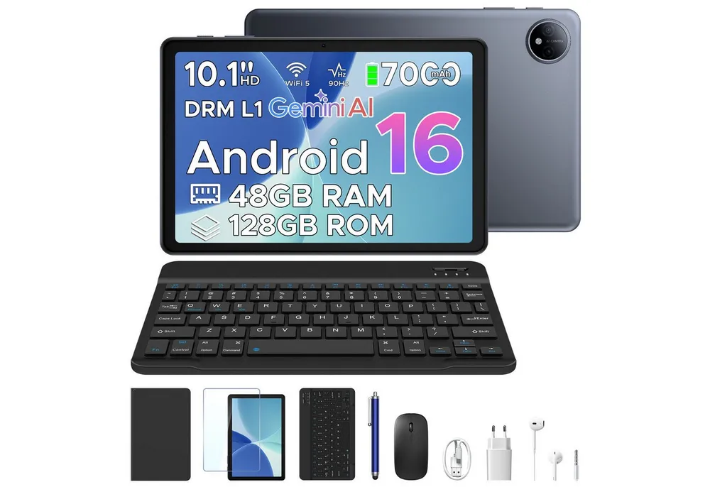 POCKAM P10 10,1 Zoll Android 16 Tablet mit Tastatur, 128GB ROM, 7000mAh, 90Hz Tablet (10.1", 128 GB, Android 16, WIFI, 48GB RAM (8 + 40 GB erweitert), Gemini AI, Widevine L1, Face Unlock)