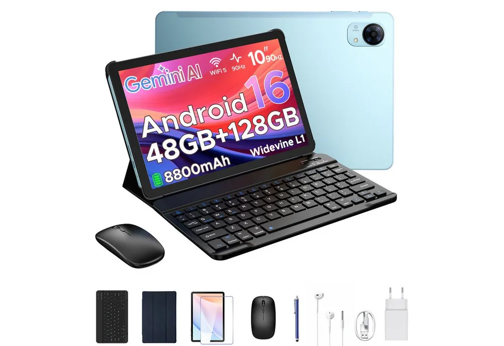 POCKAM P10 10,1 Zoll Android 16 Tablet mit Tastatur, 128GB ROM, 7000mAh, 90Hz Tablet (10.1", 128 GB, Android 16, WIFI, 8 GB, Android 16, 13 MP, Gemini AI, 5G WiFi/Widevine L1/GPS/Face ID)