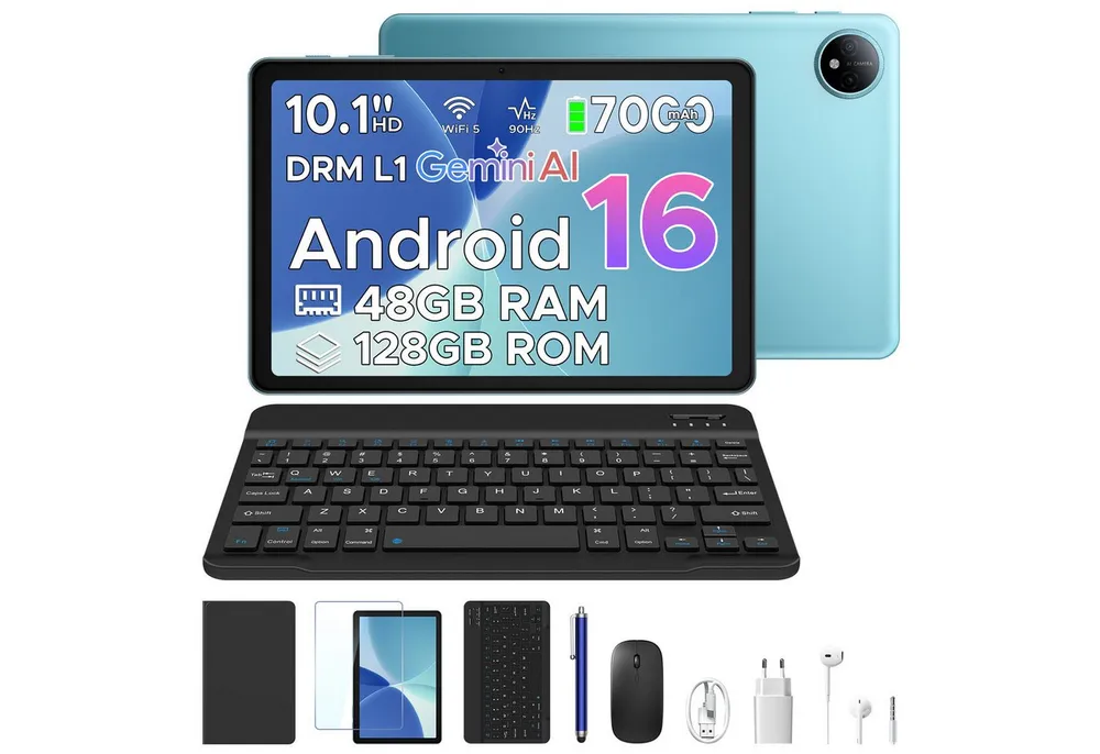 POCKAM P10 10,1 Zoll Android 16 Tablet mit Tastatur, 128GB ROM, 7000mAh, 90Hz Tablet (10.1", 128 GB, Android 16, WIFI, 48GB RAM (8 + 40 GB erweitert), Gemini AI, Widevine L1, Face Unlock)