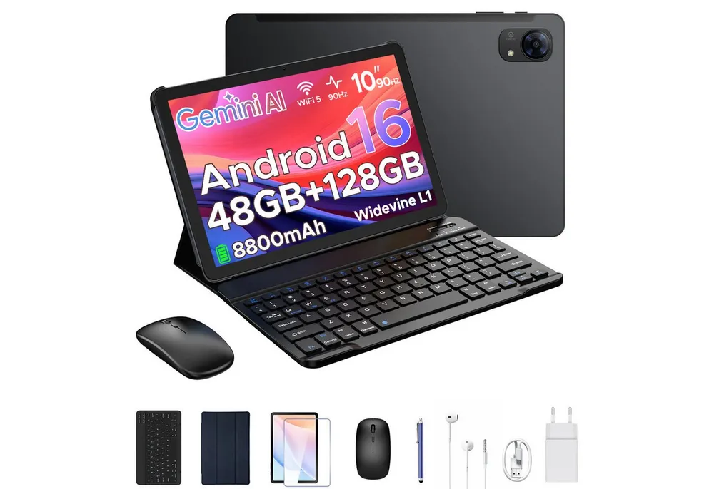 POCKAM P10 10,1 Zoll Android 16 Tablet mit Tastatur, 128GB ROM, 7000mAh, 90Hz Tablet (10.1", 128 GB, Android 16, WIFI, 8 GB, Android 16, 13 MP, Gemini AI, 5G WiFi/Widevine L1/GPS/Face ID)