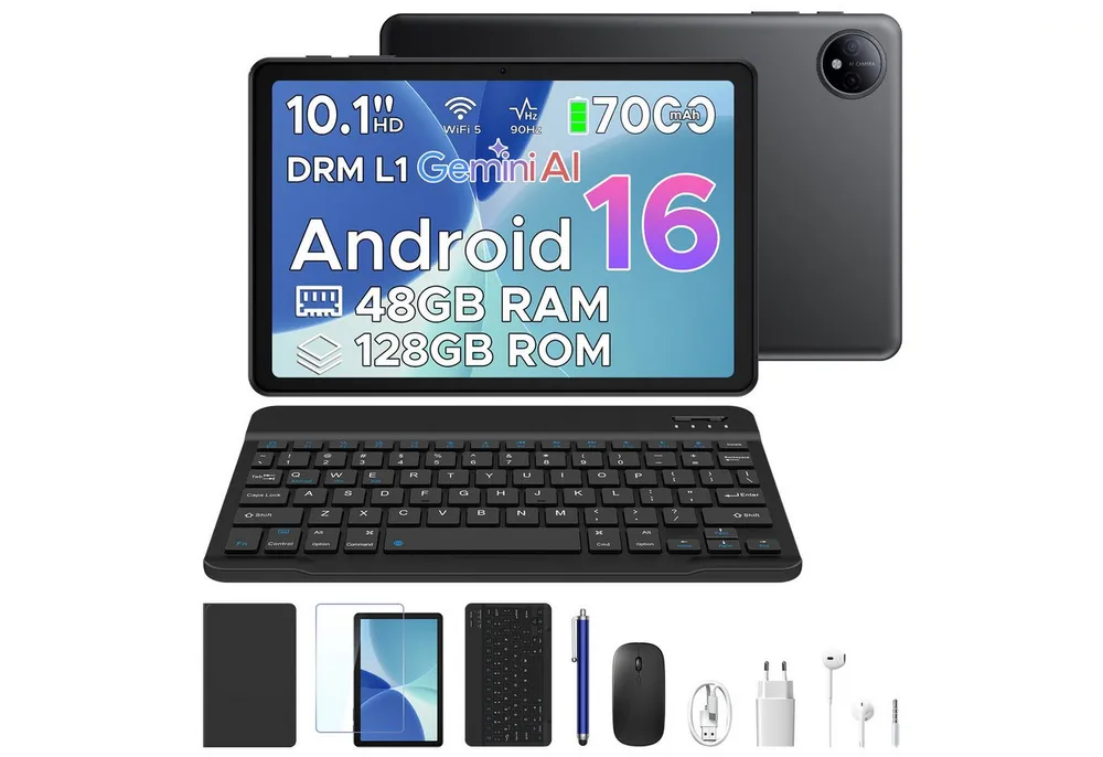 POCKAM P10 10,1 Zoll Android 16 Tablet mit Tastatur, 128GB ROM, 7000mAh, 90Hz Tablet (10.1", 128 GB, Android 16, WIFI, 48GB RAM (8 + 40 GB erweitert), Gemini AI, Widevine L1, Face Unlock)