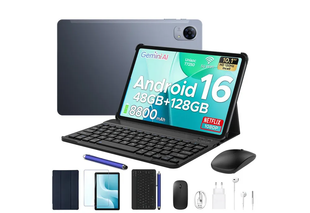 POCKAM P10 10 Zoll Android 16 Tablet mit Tastatur, 128GB ROM, 8800mAh, 120Hz Tablet (10", 128 GB, Android 16, WIFI, 8 GB, Android 16, 13 MP, Gemini AI, 5G WiFi/Widevine L1/GPS/Face ID)