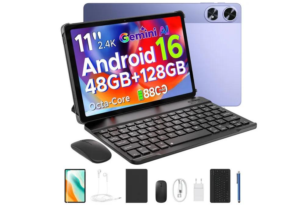 POCKAM P11 Android 16 Tablet mit Tastatur, Stift, Maus, 11 Zoll, 8800mAh Tablet (11", 8 GB, Android 16, Gemini AI, 13 MP, 5G WiFi/Widevine L1/GPS/Face ID/zwei Lautsprecher)