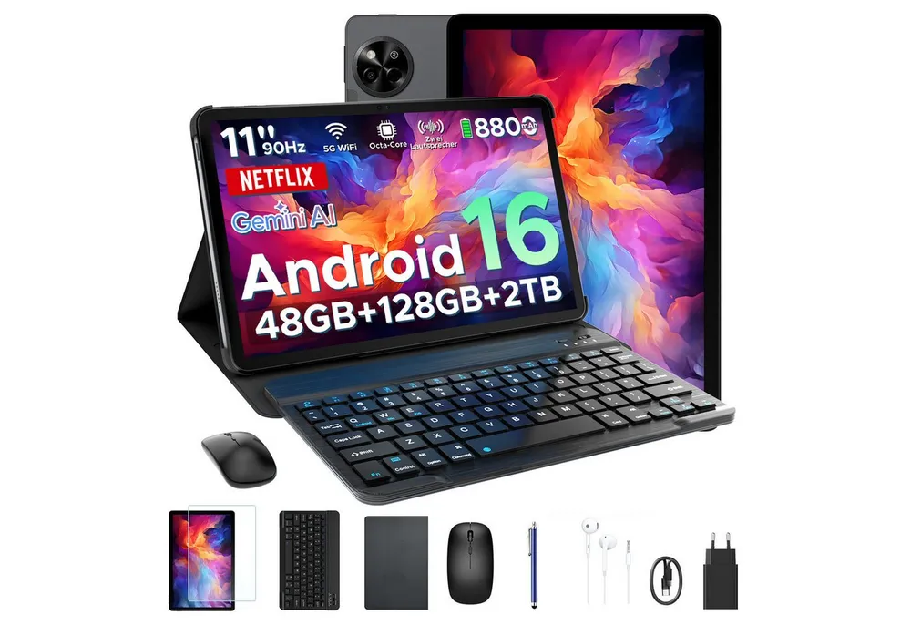 POCKAM P11 Android 16 Tablet mit Tastatur, Stift, Maus, 11 Zoll, 8800mAh Tablet (11", 8 GB, Android 16, Gemini AI, 13 MP, 5G WiFi/Widevine L1/GPS/Face ID/zwei Lautsprecher)