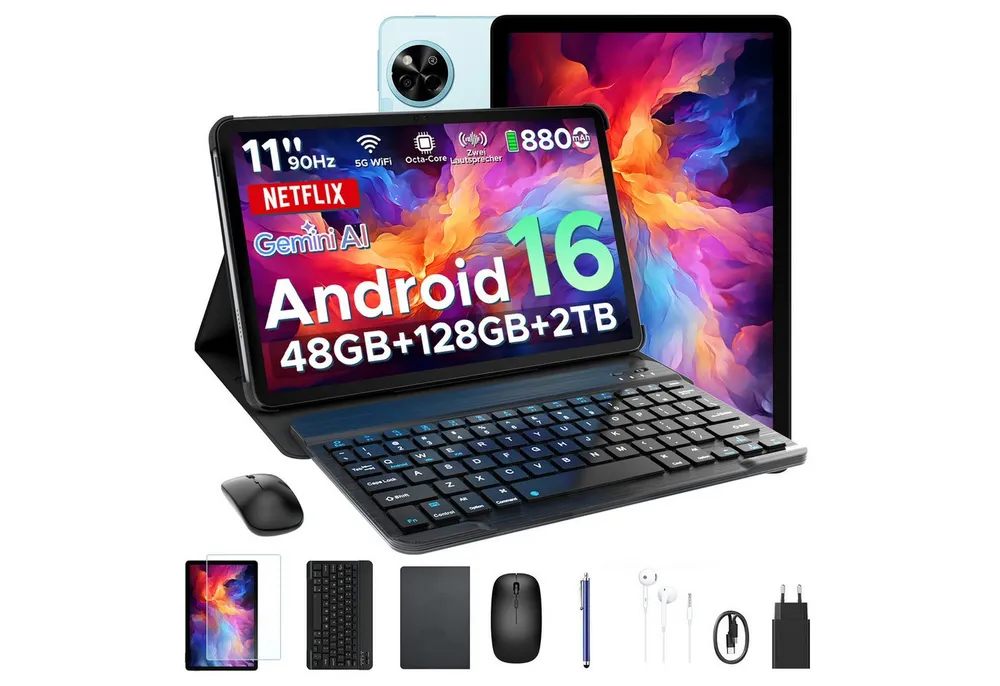 POCKAM P11 Android 16 Tablet mit Tastatur, Stift, Maus, 11 Zoll, 8800mAh Tablet (11", 8 GB, Android 16, Gemini AI, 13 MP, 5G WiFi/Widevine L1/GPS/Face ID/zwei Lautsprecher)