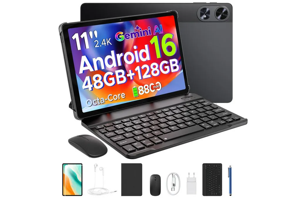 POCKAM P11 Android 16 Tablet mit Tastatur, Stift, Maus, 11 Zoll, 8800mAh Tablet (11", 8 GB, Android 16, Gemini AI, 13 MP, 5G WiFi/Widevine L1/GPS/Face ID/zwei Lautsprecher)