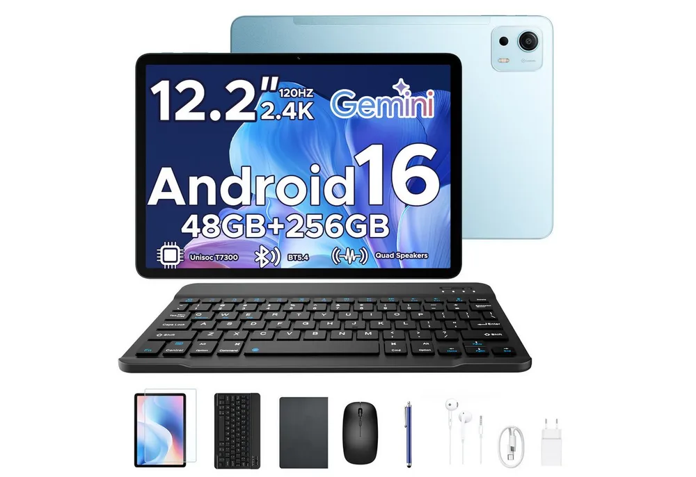 POCKAM P12 Plus 12 Zoll, 2,4K 120 Hz, Android 16, 12000 mAh, mit Tastatur Tablet (12", 256 GB, Android 16, 256GB ROM, T7300 Octa-core,5G WiFi, 8MP+13MP, Gemini AI, Face ID, OTG)