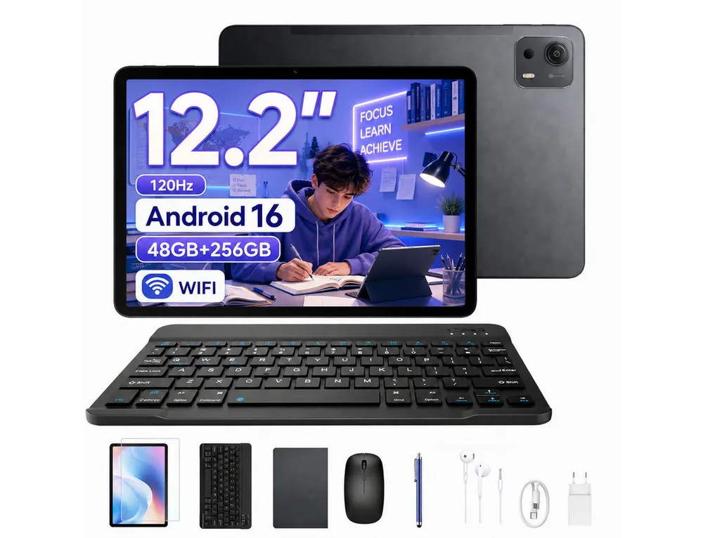 POCKAM P12 Plus 12 Zoll, 2,4K 120 Hz, Android 16, 12000 mAh, mit Tastatur Tablet (12", 256 GB, Android 16, 256GB ROM, T7300 Octa-core,5G WiFi, 8MP+13MP, Gemini AI, Face ID, OTG)