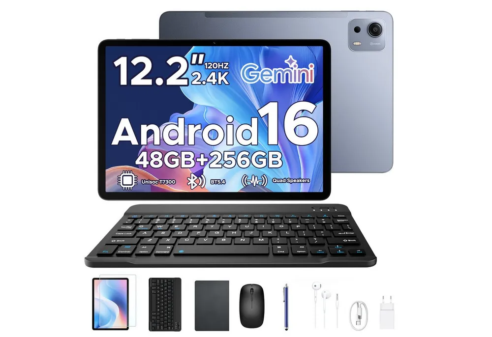 POCKAM P12 Plus 12 Zoll, 2,4K 120 Hz, Android 16, 12000 mAh, mit Tastatur Tablet (12", 256 GB, Android 16, 256GB ROM, T7300 Octa-core,5G WiFi, 8MP+13MP, Gemini AI, Face ID, OTG)