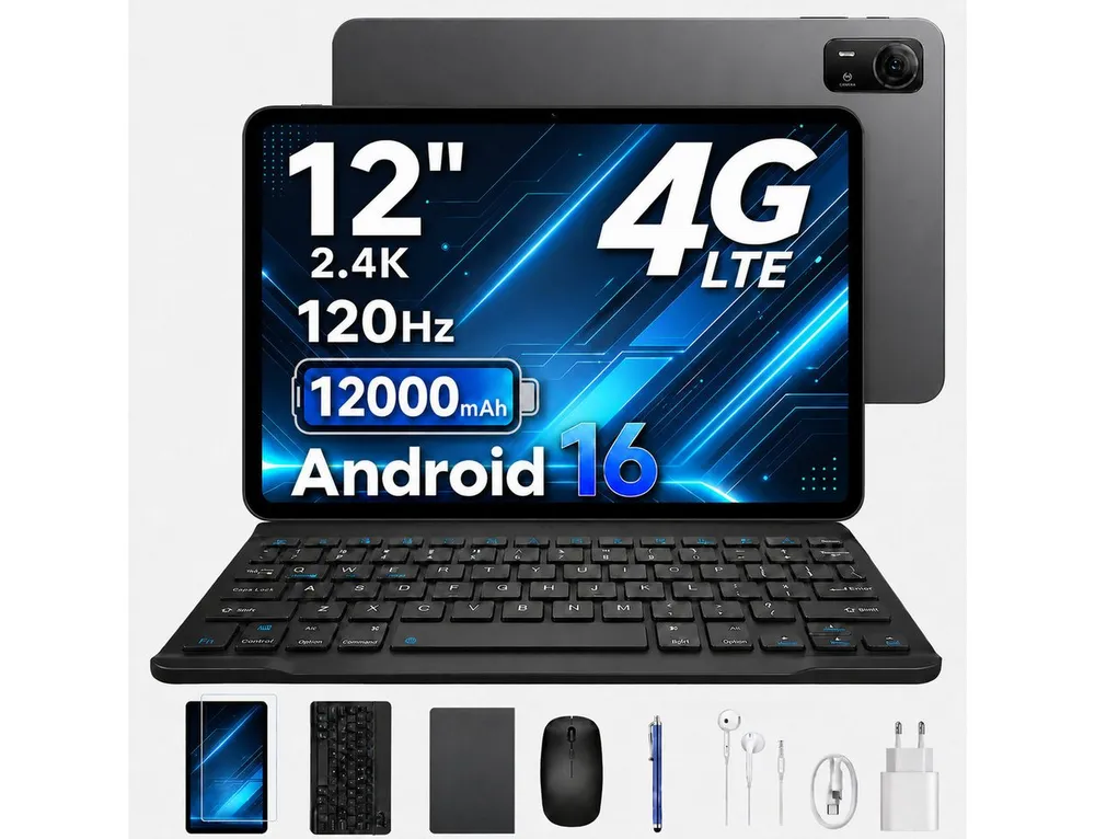 POCKAM P12Pro tablet 12 zoll 4G SIM Android 16 Tablet mit Tastatur 12000mAh Tablet (12", Android 16, Wifi, Unisoc T7300 Octa-Core, 13MP+8MP, Face ID, 4G LTE, 12GB+256GB/2TB)