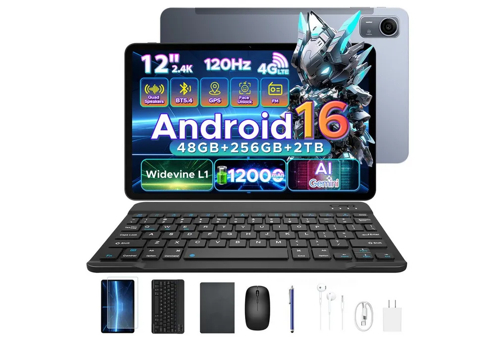 POCKAM P12Pro tablet 12 zoll 4G SIM Android 16 Tablet mit Tastatur 12000mAh Tablet (12", Android 16, Wifi, Unisoc T7300 Octa-Core, 13MP+8MP, Face ID, 4G LTE, 12GB+256GB/2TB)
