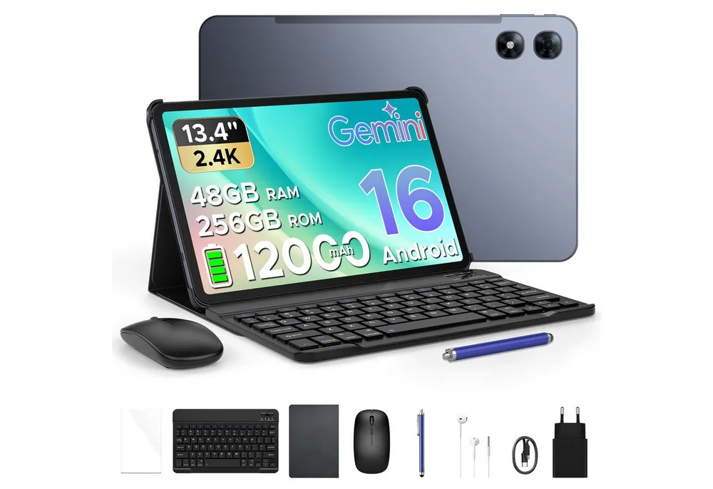 POCKAM P13 Pro Tablet mit Tastatur 13,4'' 2.4K 120Hz 12000mAh Android16 Tablet (13.4", 256 GB, Android 16, 4G LTE, 48GB RAM (12+36GB)/ 4G LTE/ 3,5-mm-Kopfhörerbuchse, Tastatur, Hülle)