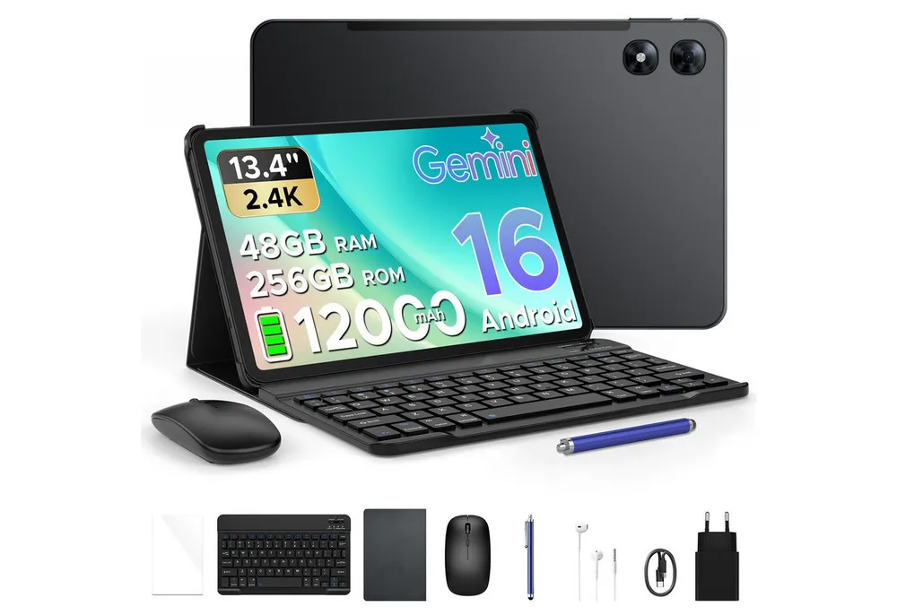 POCKAM P13 Pro Tablet mit Tastatur 13,4'' 2.4K 120Hz 12000mAh Android16 Tablet (13.4", 256 GB, Android 16, 4G LTE, 48GB RAM (12+36GB)/ 4G LTE/ 3,5-mm-Kopfhörerbuchse, Tastatur, Hülle)