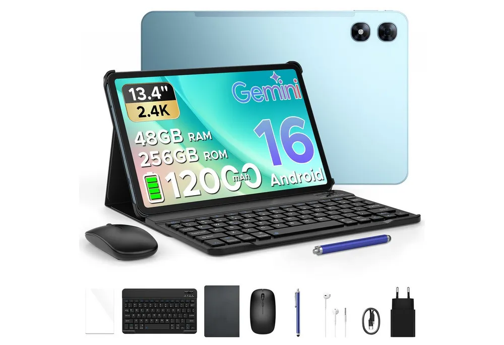 POCKAM P13 Pro Tablet mit Tastatur 13,4'' 2.4K 120Hz 12000mAh Android16 Tablet (13.4", 256 GB, Android 16, 4G LTE, 48GB RAM (12+36GB)/ 4G LTE/ 3,5-mm-Kopfhörerbuchse, Tastatur, Hülle)